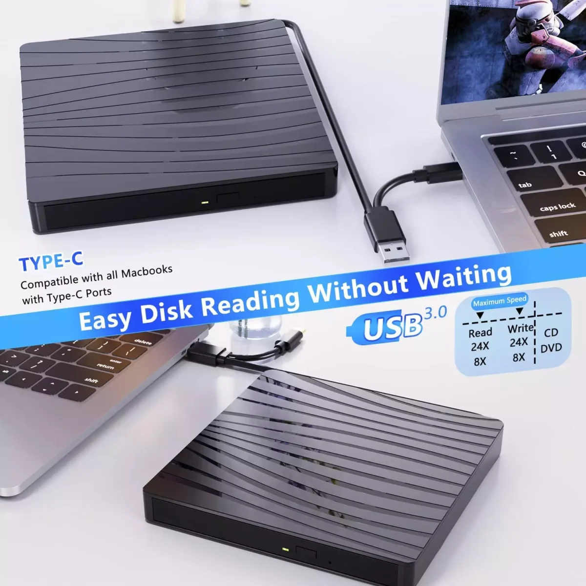 External Portable CDDVD +-RW Burner Optical Drive Reader Writer for Laptop, USB 3.0 & Type-C