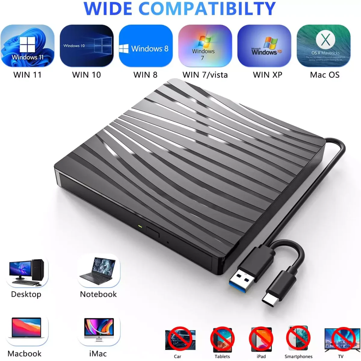 External Portable CDDVD +-RW Burner Optical Drive Reader Writer for Laptop, USB 3.0 & Type-C