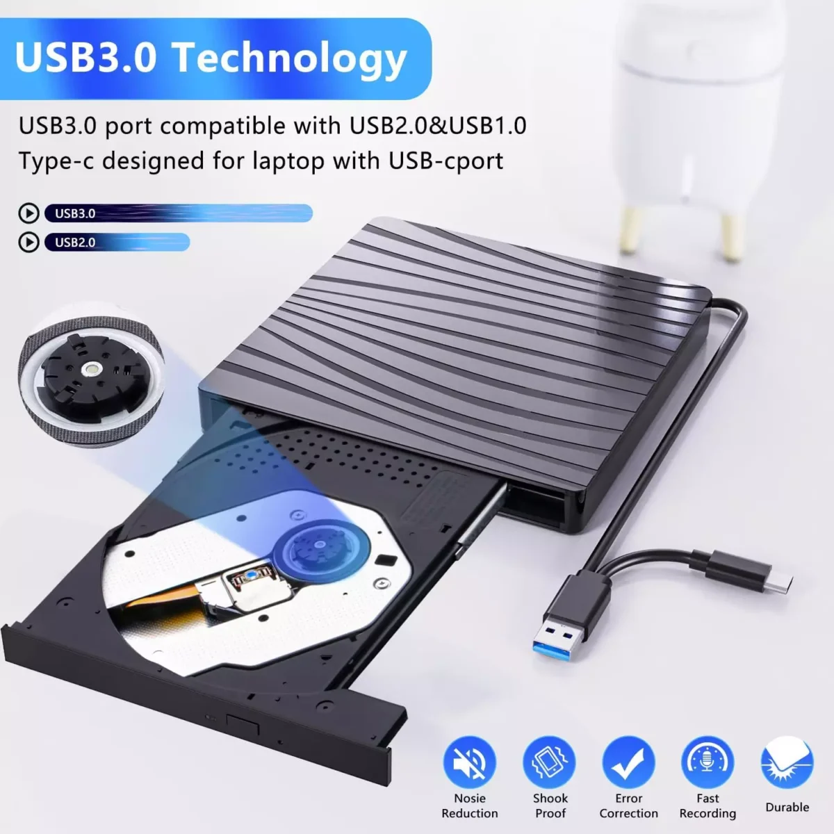 External Portable CDDVD +-RW Burner Optical Drive Reader Writer for Laptop, USB 3.0 & Type-C