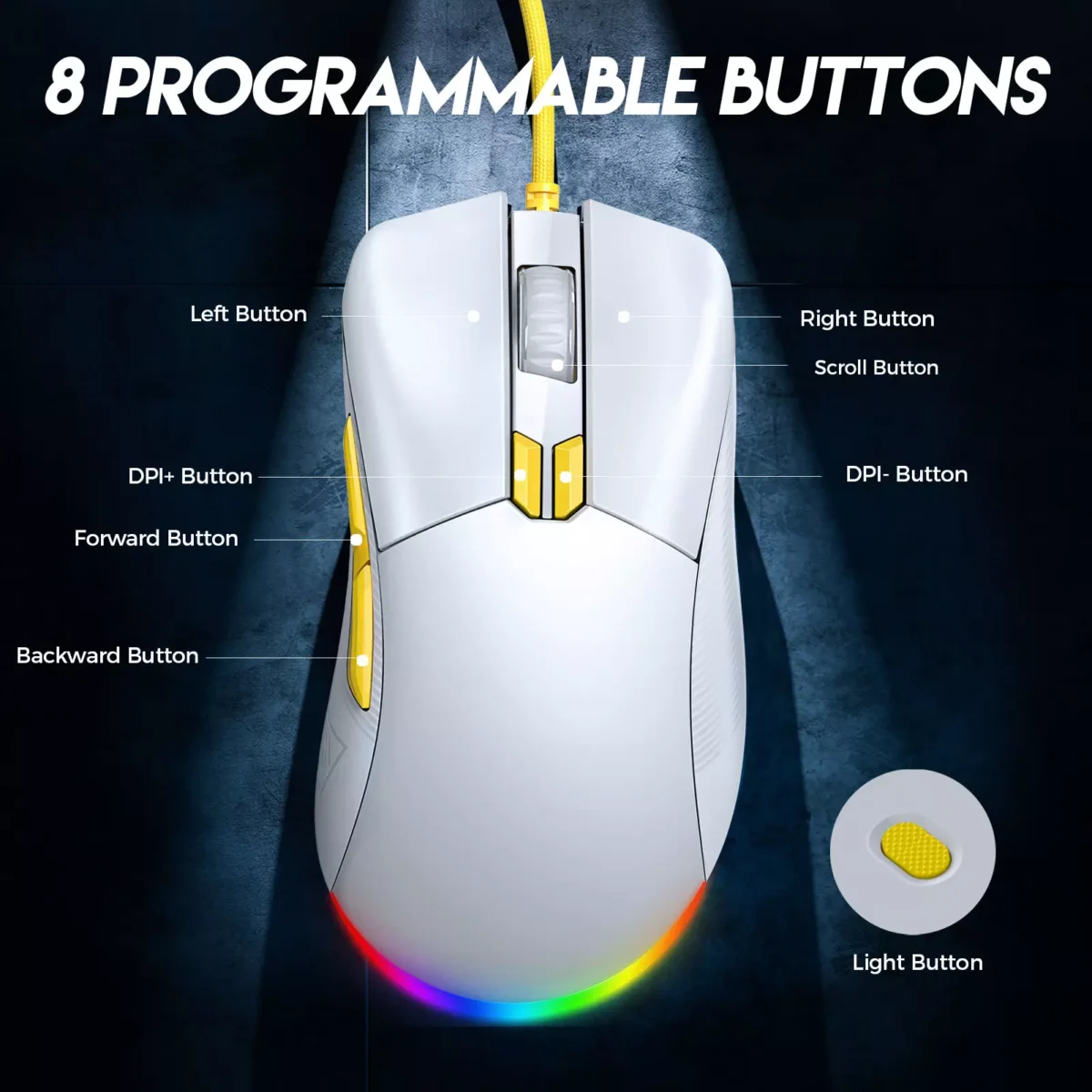 ZIDLI M85 RGB Gaming Mouse - Optical Sensor 16,000 DPI - 1000 Hz Polling Rate - Paracord Cable - Lightweigh 68G (White)