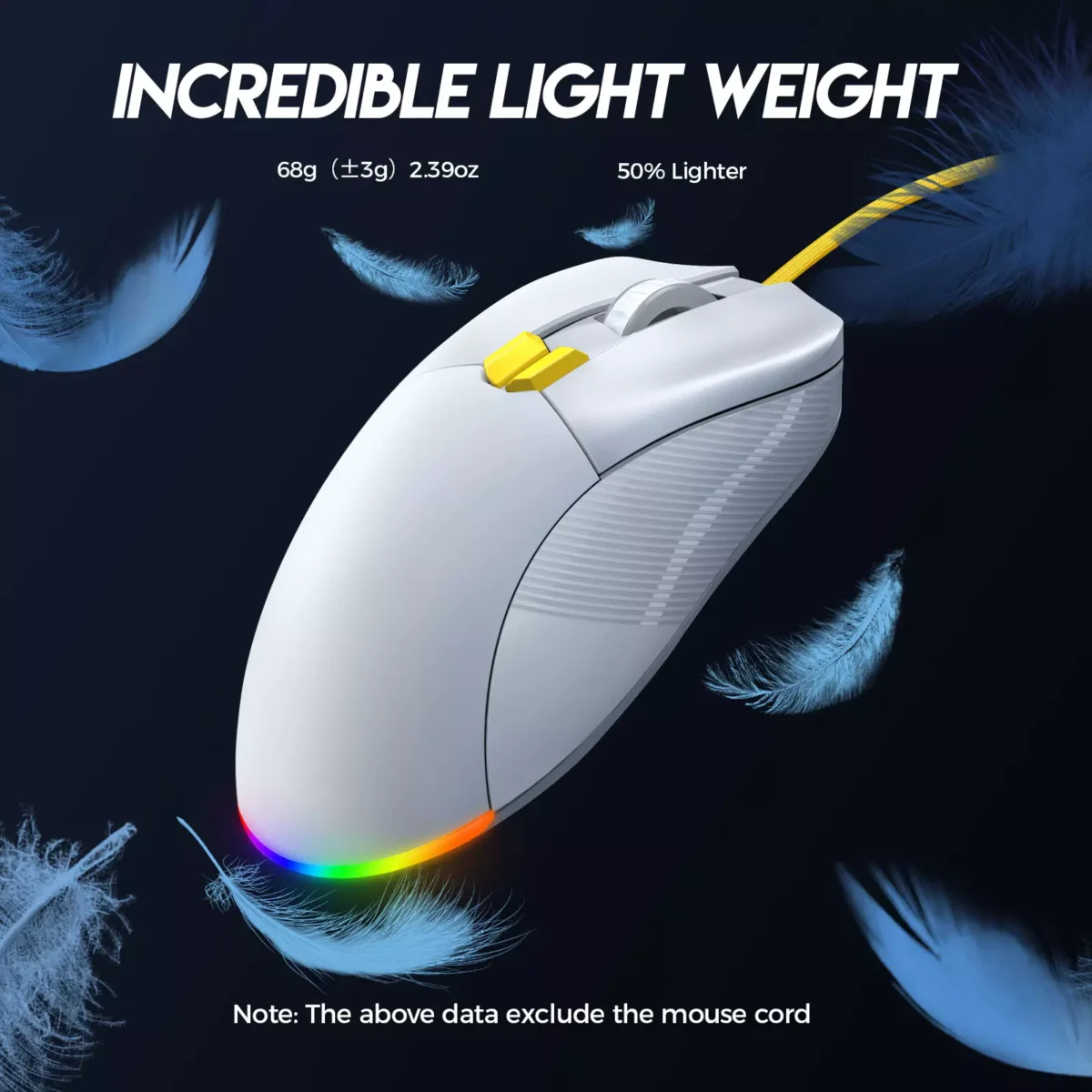 ZIDLI M85 RGB Gaming Mouse - Optical Sensor 16,000 DPI - 1000 Hz Polling Rate - Paracord Cable - Lightweigh 68G (White)