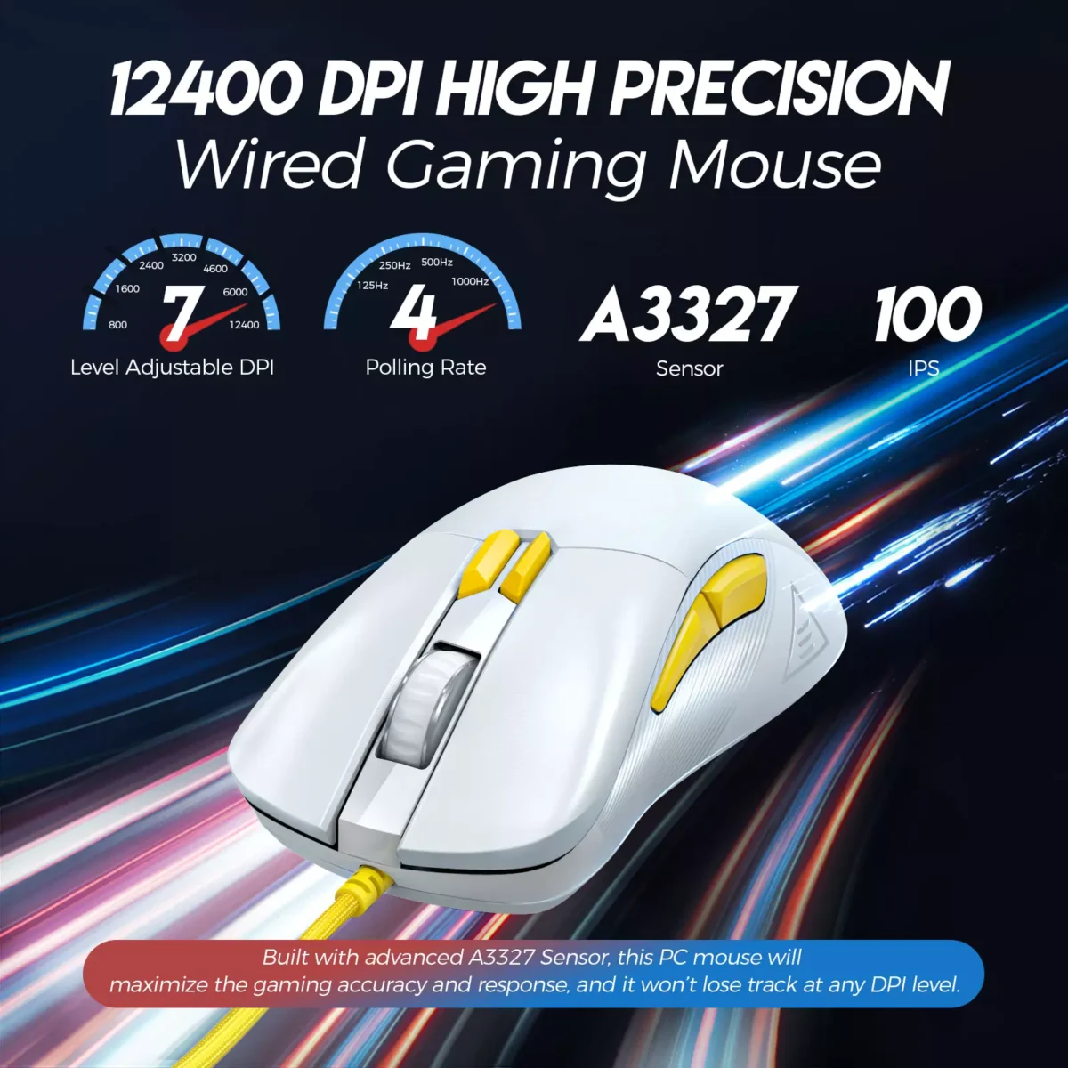 ZIDLI M85 RGB Gaming Mouse - Optical Sensor 16,000 DPI - 1000 Hz Polling Rate - Paracord Cable - Lightweigh 68G (White)