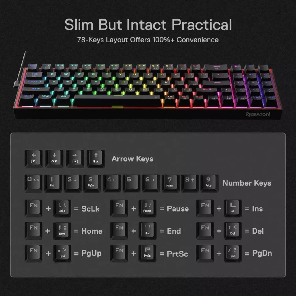 Redragon K628 Pollux RGB 75% Mechanical Gaming Keyboard - Red Switch (Black)