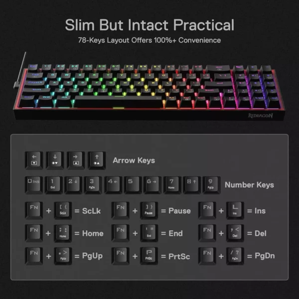 Redragon K628 Pollux RGB 75% Mechanical Gaming Keyboard - Red Switch (Black)