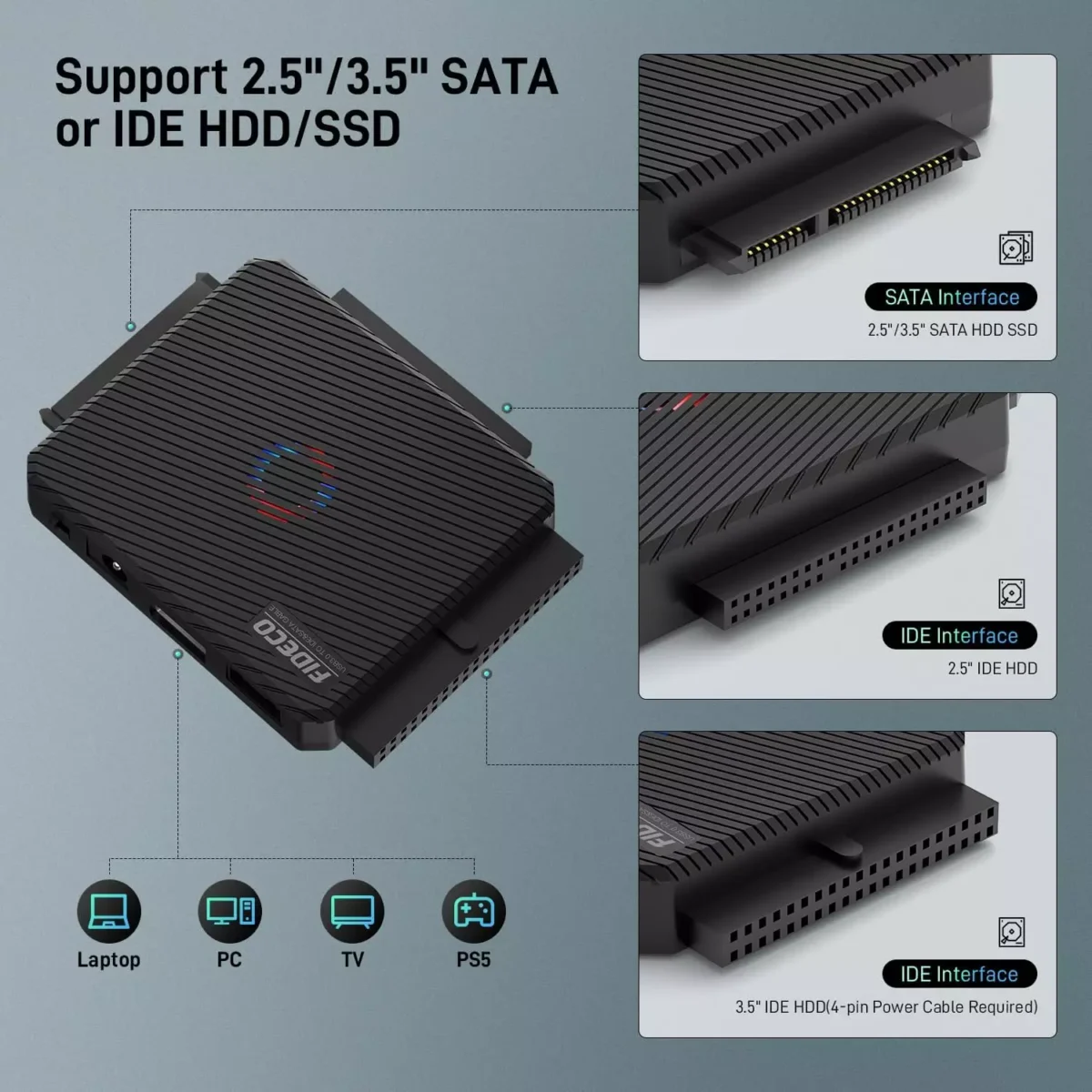 FIDECO SATAIDE to USB 3.0 Adapter, Hard Drive Adapter Cable Converter for Universal 2.53.5 Inch IDE HDD