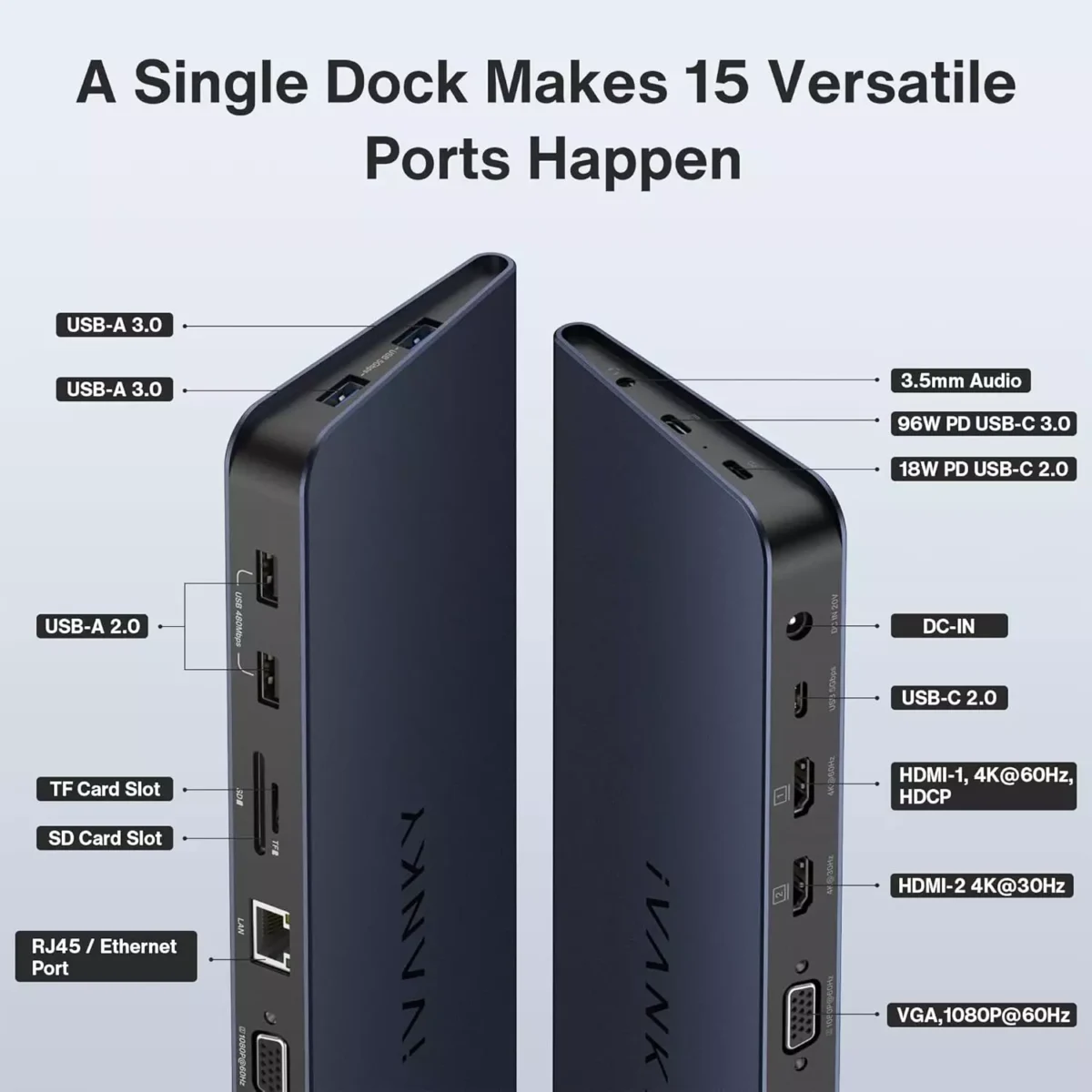 IVANKY 15 in 1 Triple Display Universal Docking Station USB C Laptop Docking Station with 100W Power Adapter Dual 4K Thunderbolt 34 Displaylink 2HDMI VGA