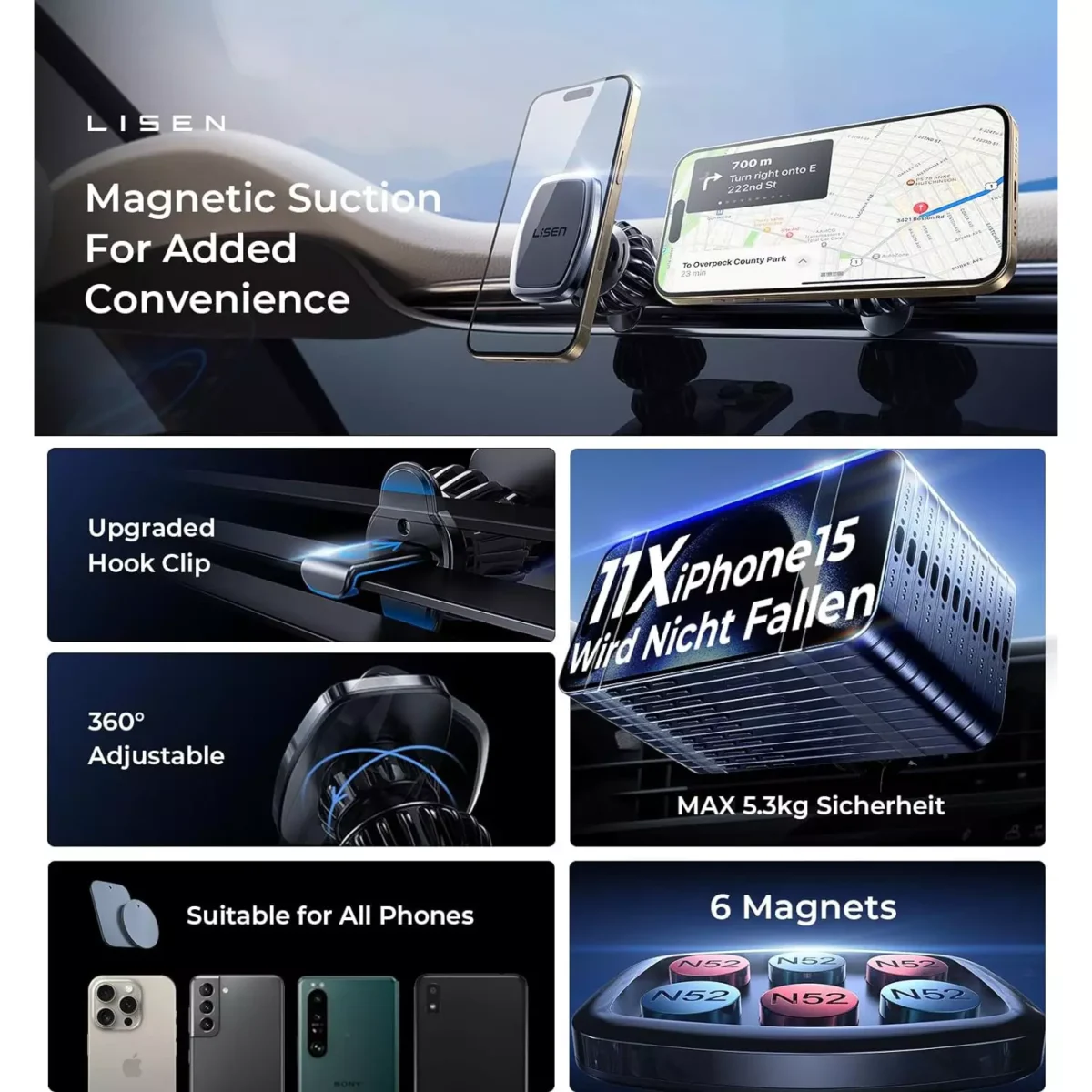 LISEN Phone Holder Car, Ultra Magnetic Phone Mount [6 Strong Magnets] for 4-6.7 inch Smartphones (Black)