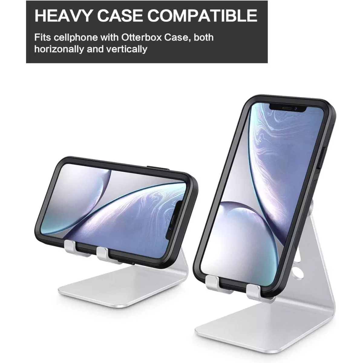OMOTON C2 Adjustable Cell Phone Stand, Aluminum Desktop Cellphone Stand with Anti-Slip Base and Convenient Charging Port, Fits All Smart Phones