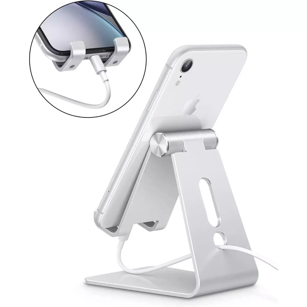 OMOTON C2 Adjustable Cell Phone Stand, Aluminum Desktop Cellphone Stand with Anti-Slip Base and Convenient Charging Port, Fits All Smart Phones