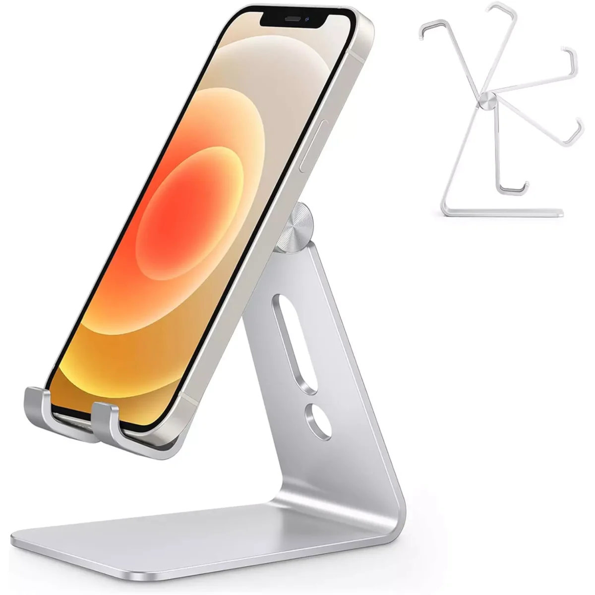 OMOTON C2 Adjustable Cell Phone Stand, Aluminum Desktop Cellphone Stand with Anti-Slip Base and Convenient Charging Port, Fits All Smart Phones