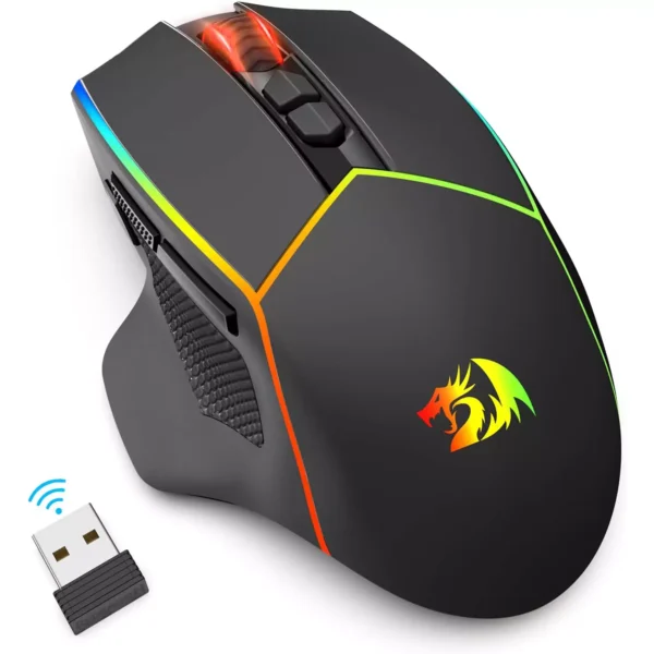 Redragon M814 AXE PRO RGB Tri-Mode 2.4GUSB-CBluetooth Rechargeable Gaming Mouse - 8,000 DPI (Black)