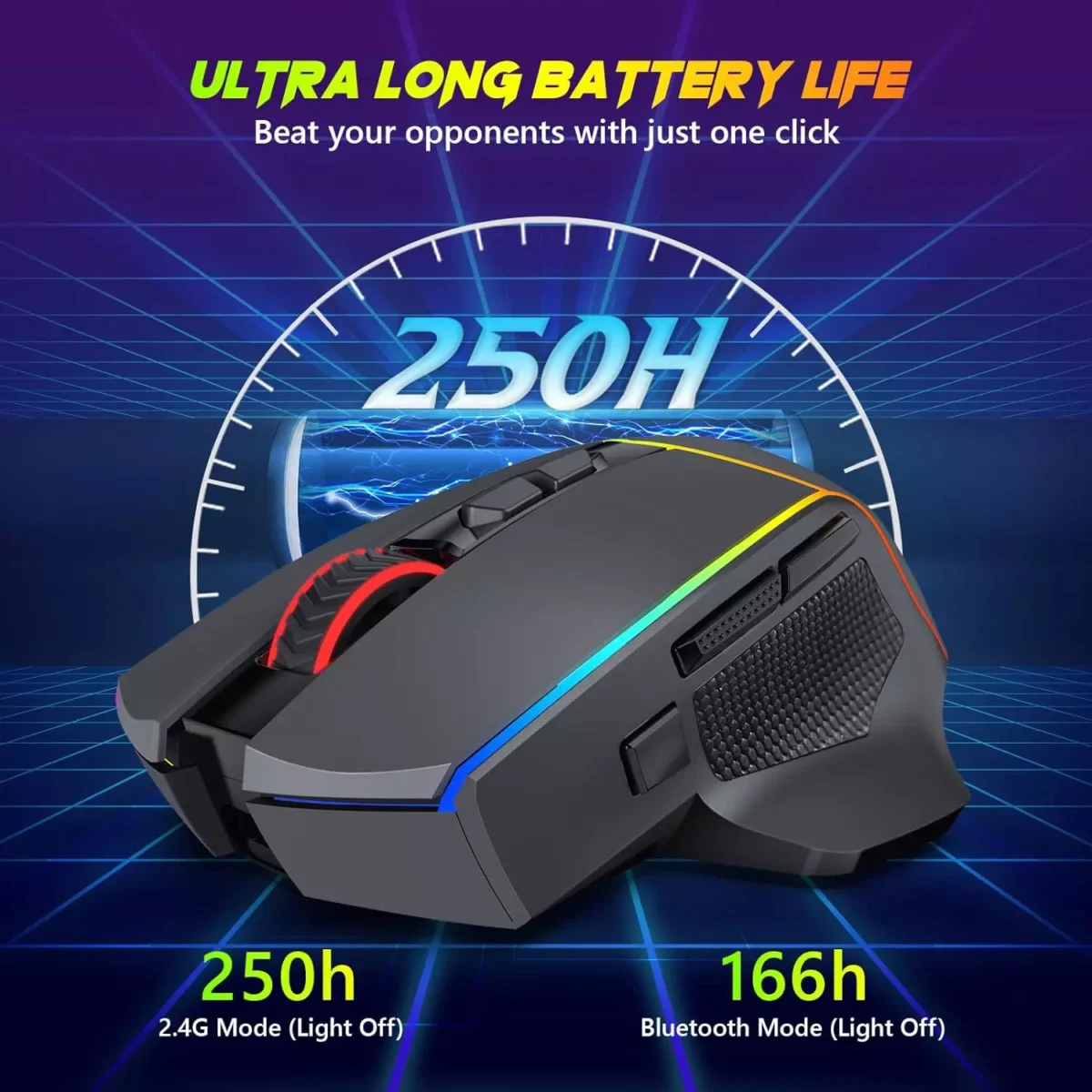 Redragon M814 AXE PRO RGB Tri-Mode 2.4GUSB-CBluetooth Rechargeable Gaming Mouse - 8,000 DPI (Black)