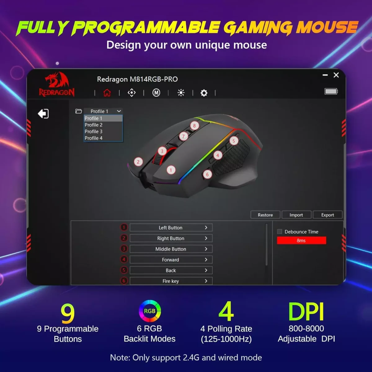 Redragon M814 AXE PRO RGB Tri-Mode 2.4GUSB-CBluetooth Rechargeable Gaming Mouse - 8,000 DPI (Black)