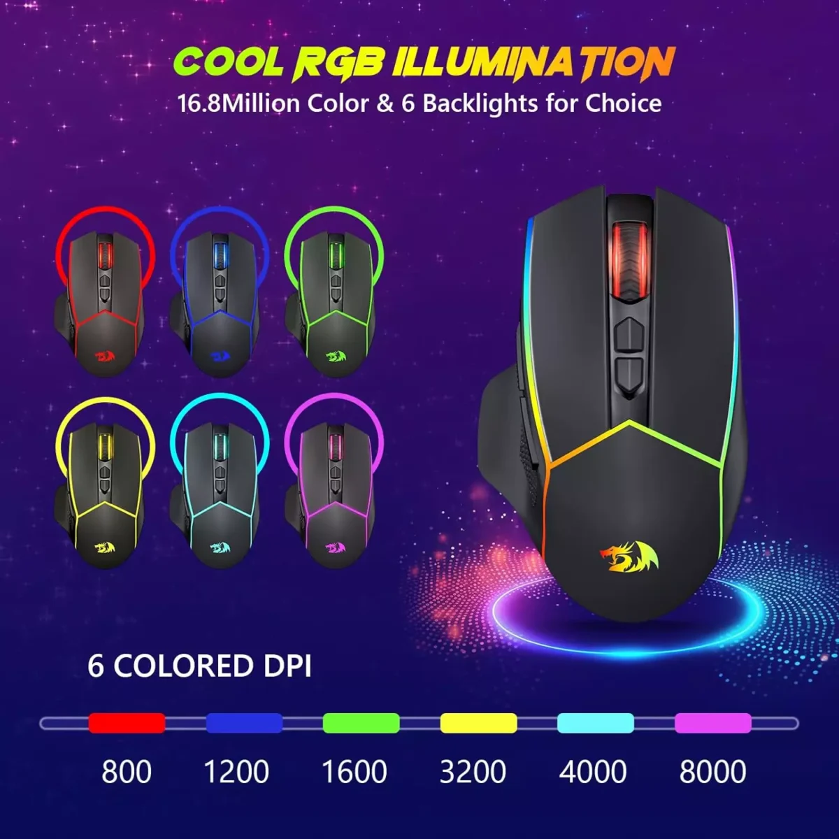 Redragon M814 AXE PRO RGB Tri-Mode 2.4GUSB-CBluetooth Rechargeable Gaming Mouse - 8,000 DPI (Black)