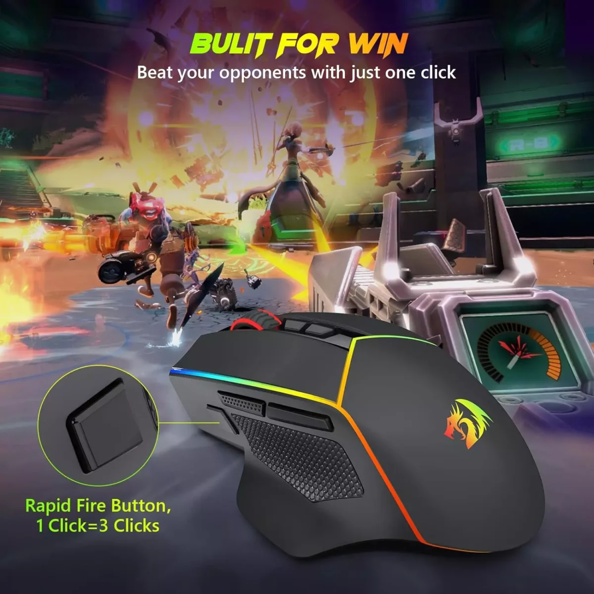 Redragon M814 AXE PRO RGB Tri-Mode 2.4GUSB-CBluetooth Rechargeable Gaming Mouse - 8,000 DPI (Black)