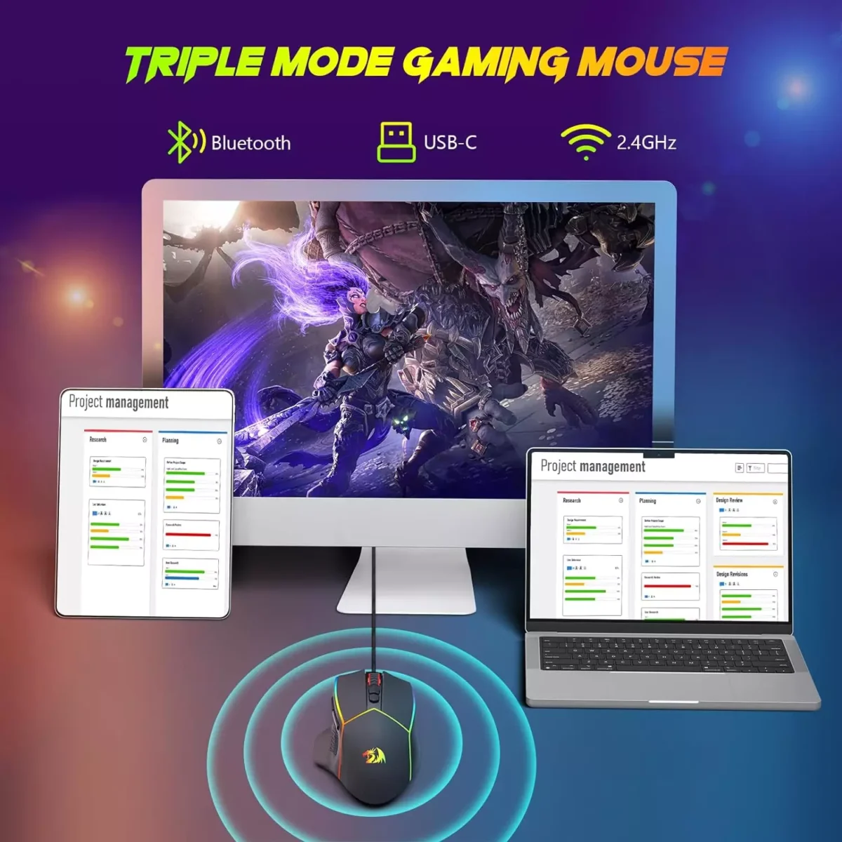 Redragon M814 AXE PRO RGB Tri-Mode 2.4GUSB-CBluetooth Rechargeable Gaming Mouse - 8,000 DPI (Black)