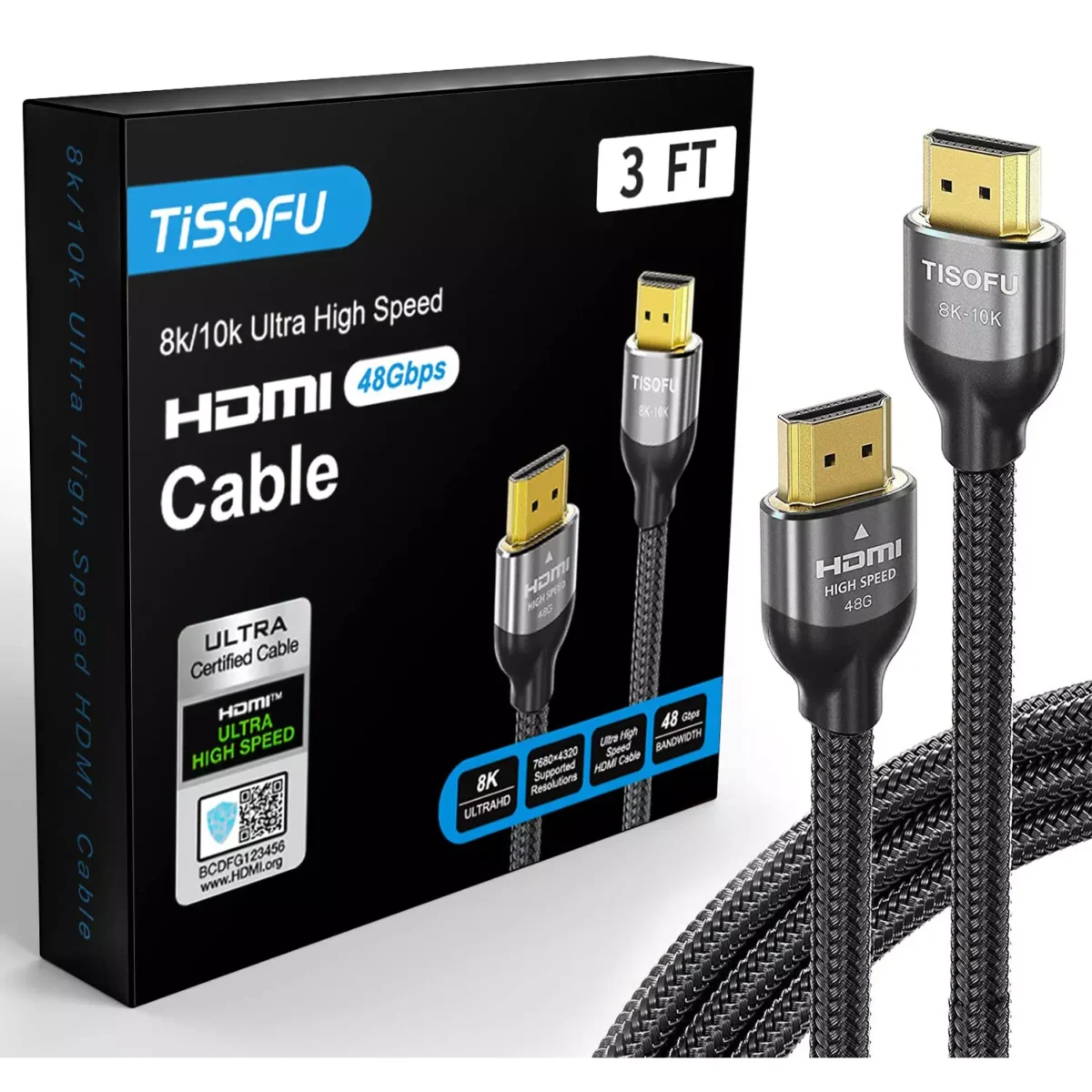 TISOFU【Ultra Certified 10K 8K HDMI Cable 1M HDMI 2.1 Cables 48Gbps High Speed Premium Braided Cord 8K@60Hz 4K@120Hz 4K@144Hz HDCP 2.2&2.3 CL3 ARC eARC for HDHDRHDTV