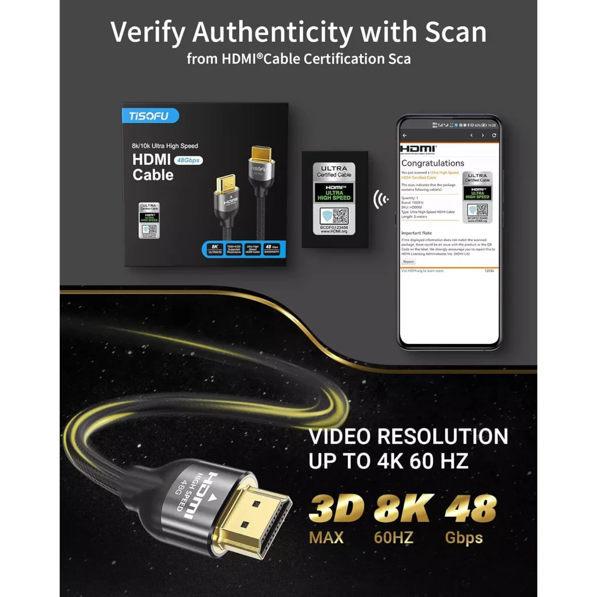 TISOFU【Ultra Certified 10K 8K HDMI Cable 1M HDMI 2.1 Cables 48Gbps High Speed Premium Braided Cord 8K@60Hz 4K@120Hz 4K@144Hz HDCP 2.2&2.3 CL3 ARC eARC for HDHDRHDTV