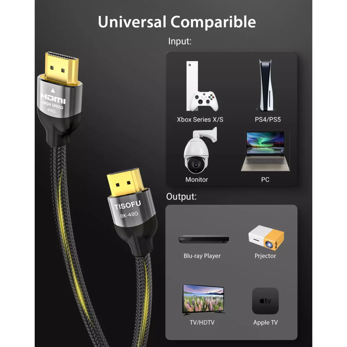TISOFU【Ultra Certified 10K 8K HDMI Cable 1M HDMI 2.1 Cables 48Gbps High Speed Premium Braided Cord 8K@60Hz 4K@120Hz 4K@144Hz HDCP 2.2&2.3 CL3 ARC eARC for HDHDRHDTV