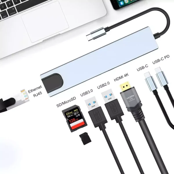 USB C HUB, 8-Port USB C Adapter with 4K HDMI, RJ45 Ethernet, Type C, Type C PD, USB3.0, USB2.0, SD/TF Card Reader