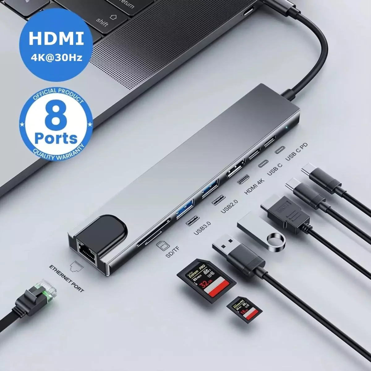 USB C HUB, 8-Port USB C Adapter with 4K HDMI, RJ45 Ethernet, Type C, Type C PD, USB3.0, USB2.0, SD/TF Card Reader