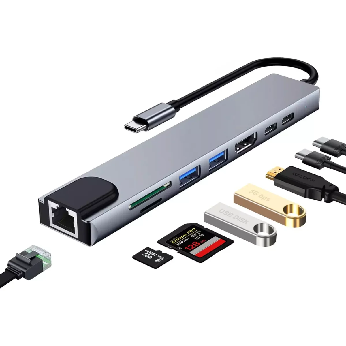 USB C HUB, 8-Port USB C Adapter with 4K HDMI, RJ45 Ethernet, Type C, Type C PD, USB3.0, USB2.0, SD/TF Card Reader