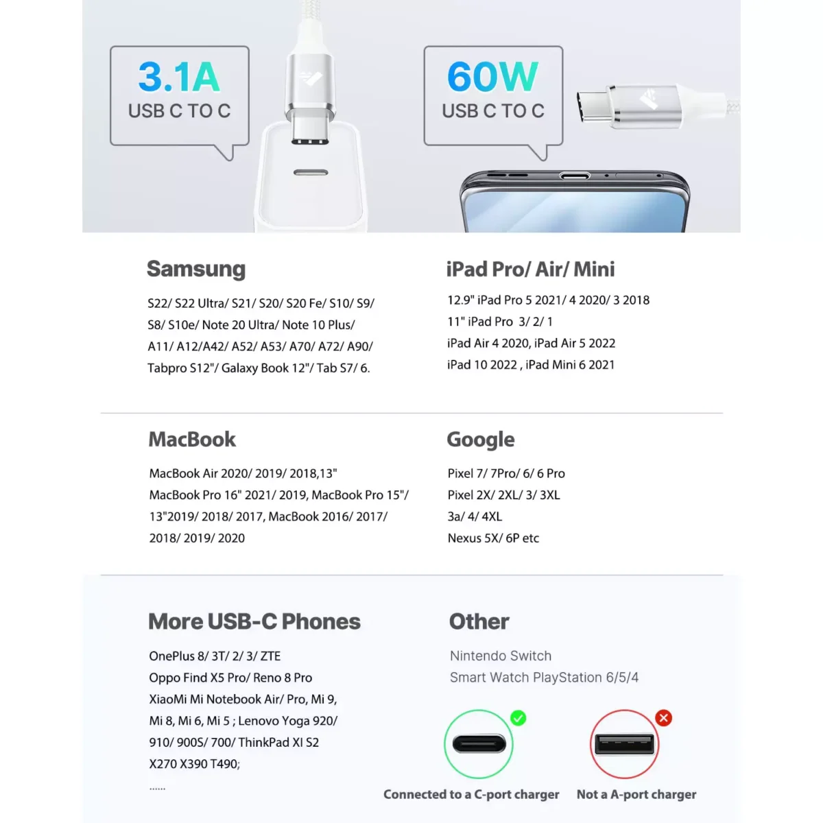 Aioneus USB C to USB C Cable 60W 2M, Type C to Type C Power Delivery Type C Fast Charge Cable USBC Cord for iPhone 15 Pro Max, MacBook Pro, iPad Pro, Dell XPS, Chromebook, Samsung S23 S22, Switch
