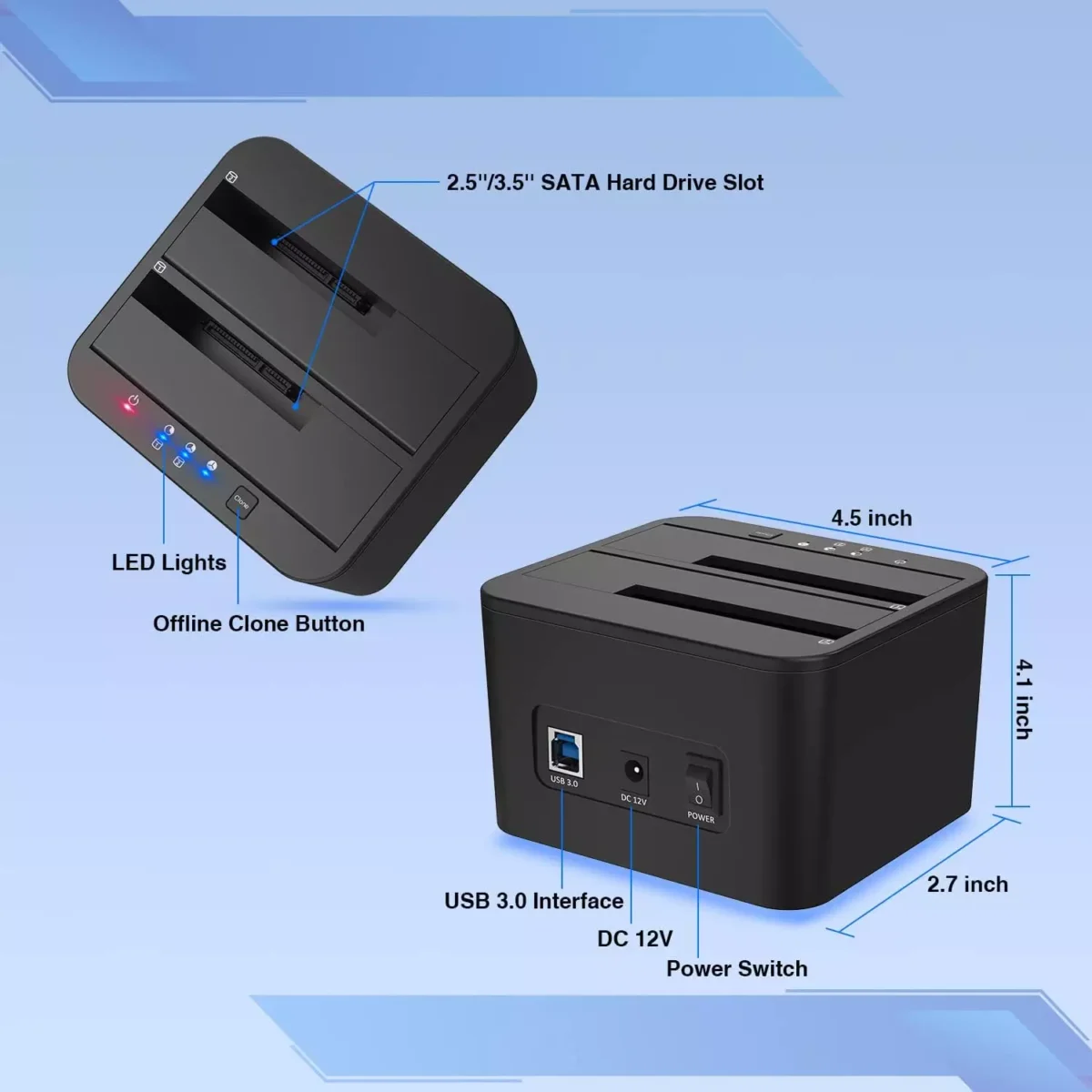 FIDECO Hard Drive Docking Station, USB 3.0 SATA HDD Docking Station for 2.5 & 3.5 inch SATA HDDSSD, Dual Bay, Support Offline Clone