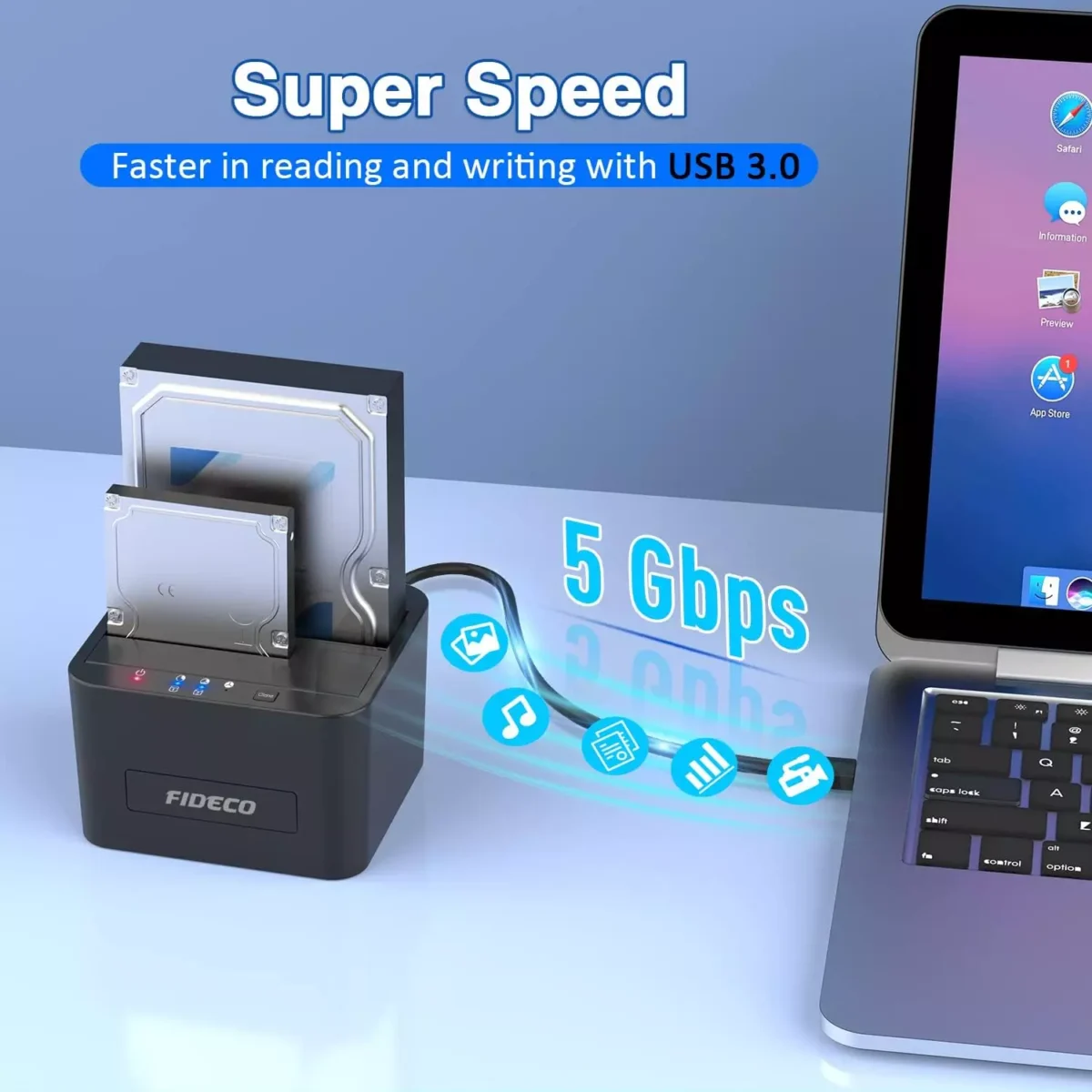 FIDECO Hard Drive Docking Station, USB 3.0 SATA HDD Docking Station for 2.5 & 3.5 inch SATA HDDSSD, Dual Bay, Support Offline Clone