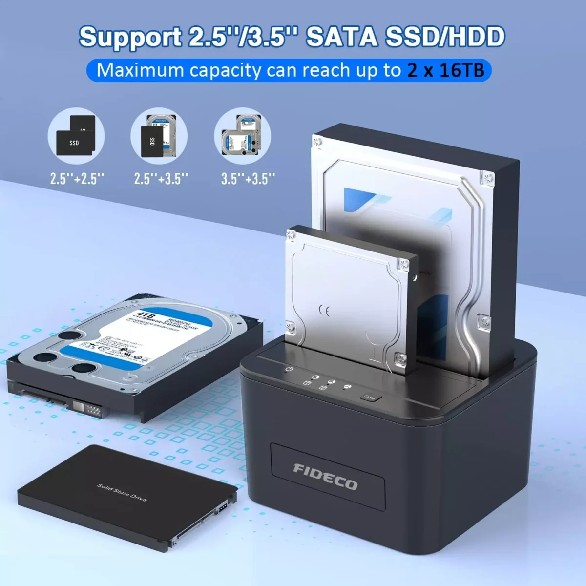 FIDECO Hard Drive Docking Station, USB 3.0 SATA HDD Docking Station for 2.5 & 3.5 inch SATA HDDSSD, Dual Bay, Support Offline Clone