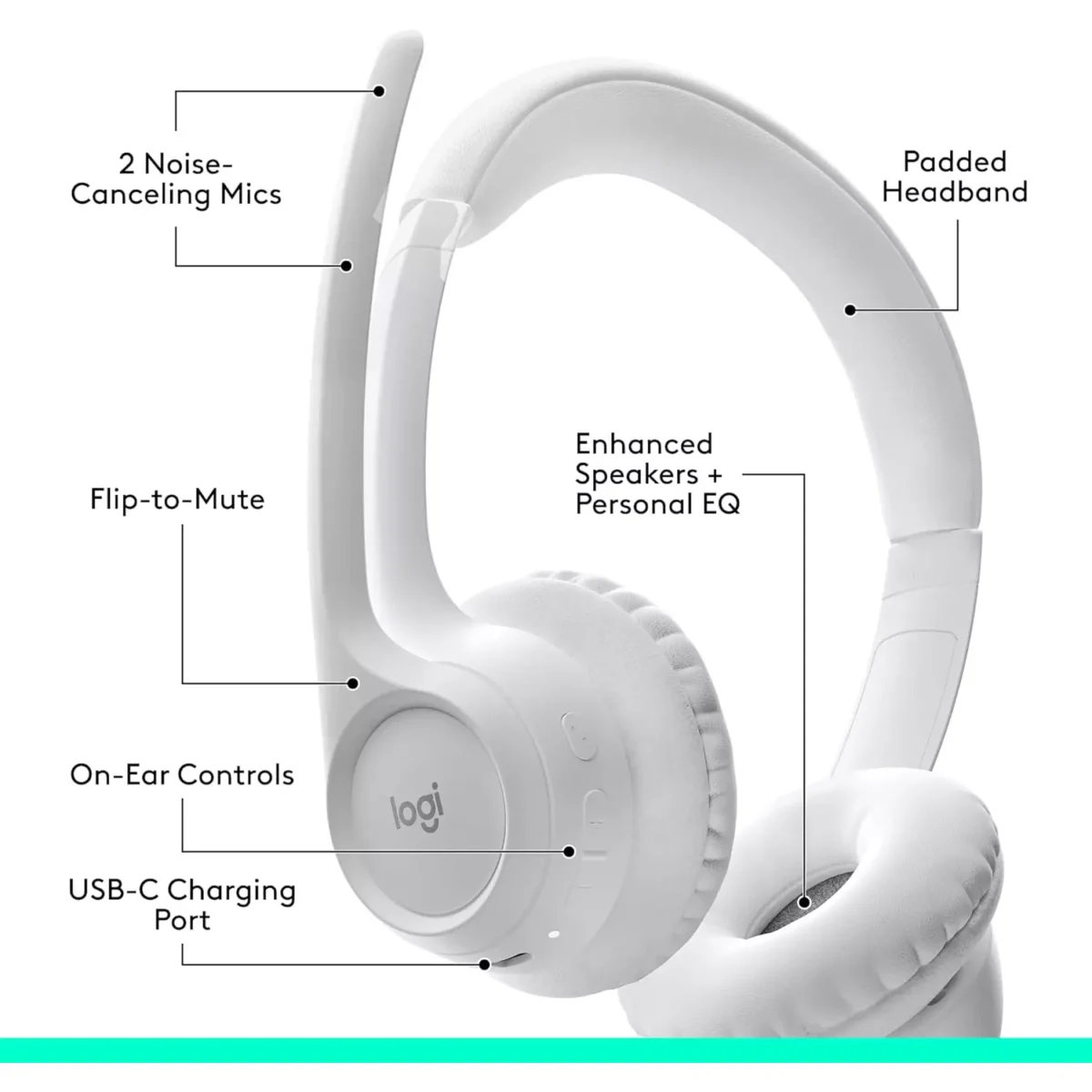 Logitech Zone 300 Wireless Bluetooth Headset with Noise-Canceling Microphone (White)
