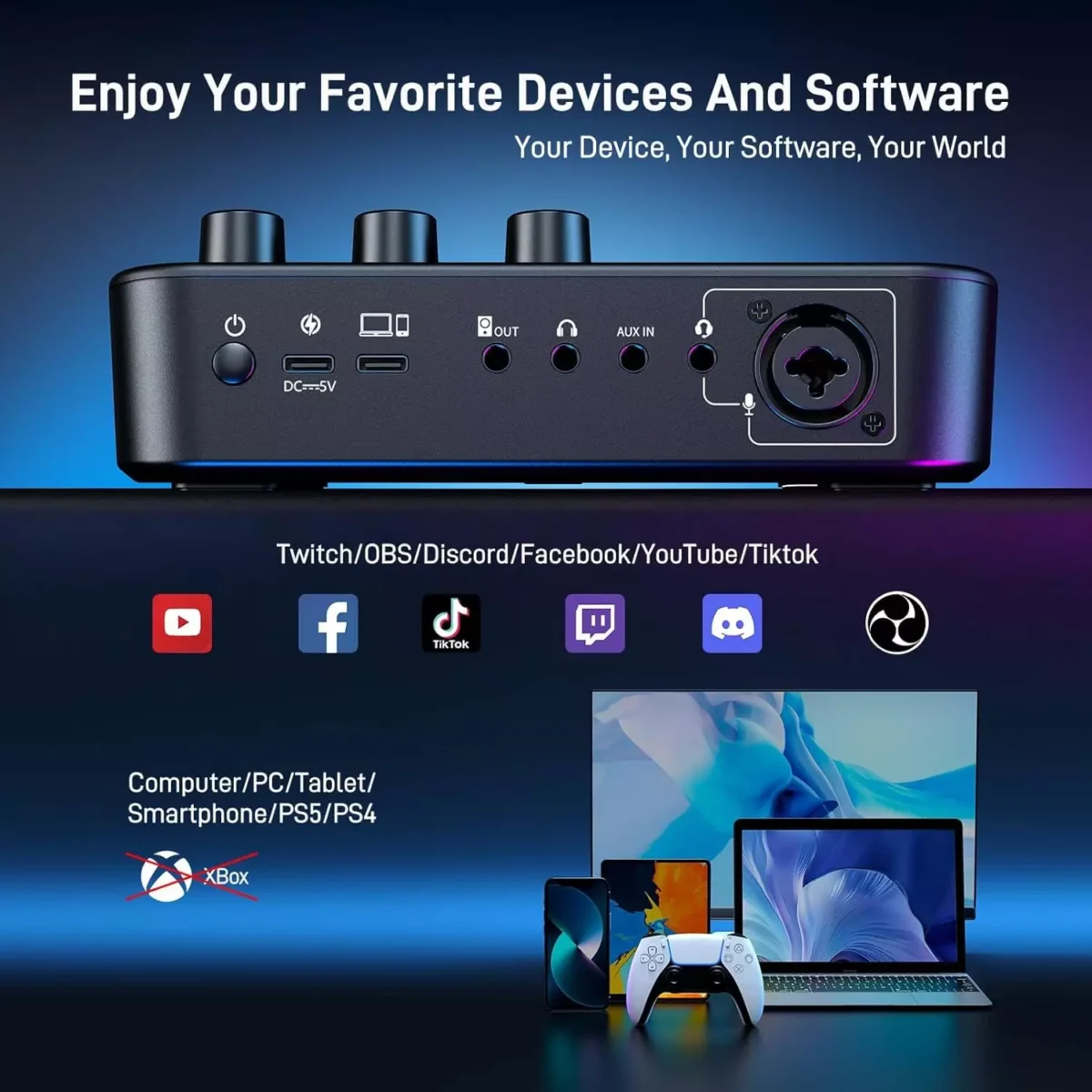 MAONO G1 NEO Gaming Audio Mixer Interface ,with Pro-preamp, RGB, Bluetooth, 48V Phantom Power