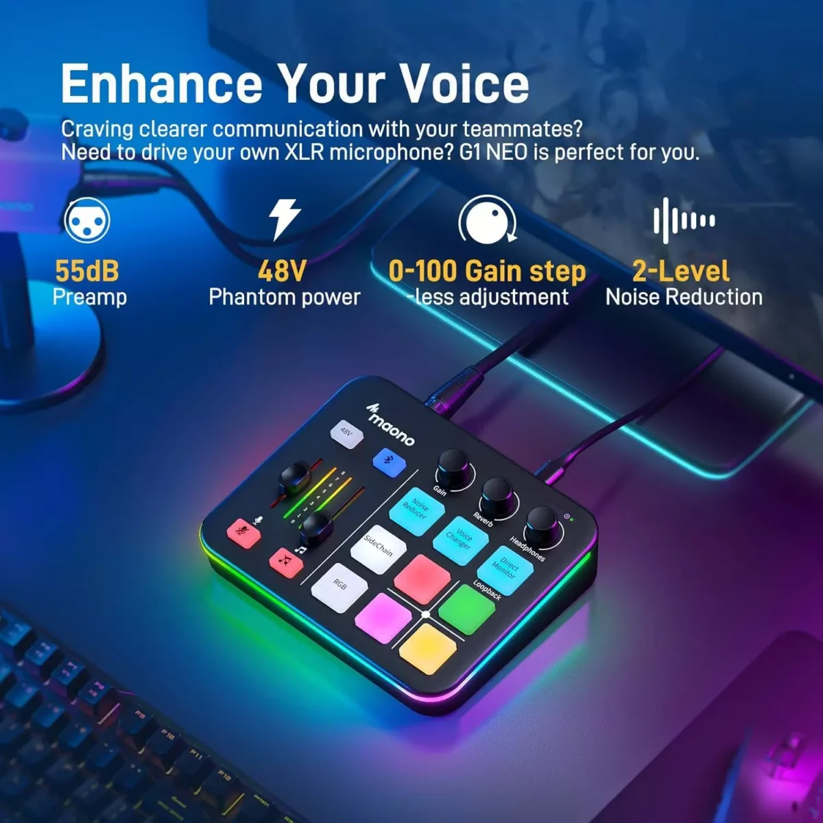 MAONO G1 NEO Gaming Audio Mixer Interface ,with Pro-preamp, RGB, Bluetooth, 48V Phantom Power