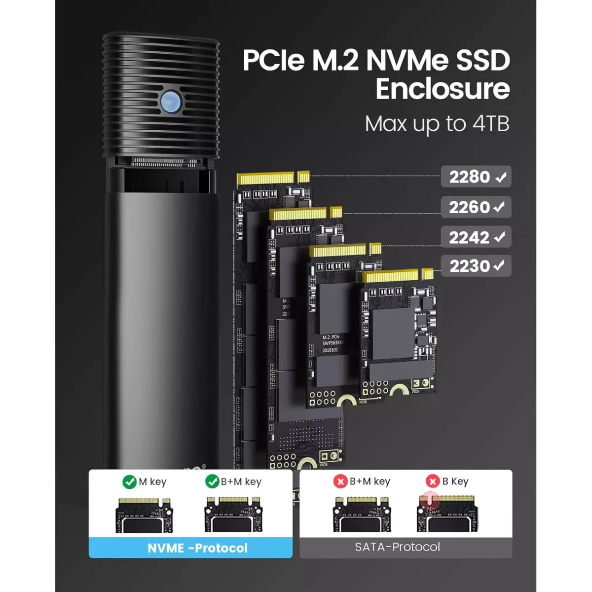 ORICO Aluminum M.2 NVMe SSD Enclosure , Tool-Free 10Gbps USB C Adapter, USB 3.2 M.2 NVMe Reader, External SSD Case Thunderbolt 3 Compatible, Supports 4TB 2230/2242/2260/2280 PCIe M-Key SSDs