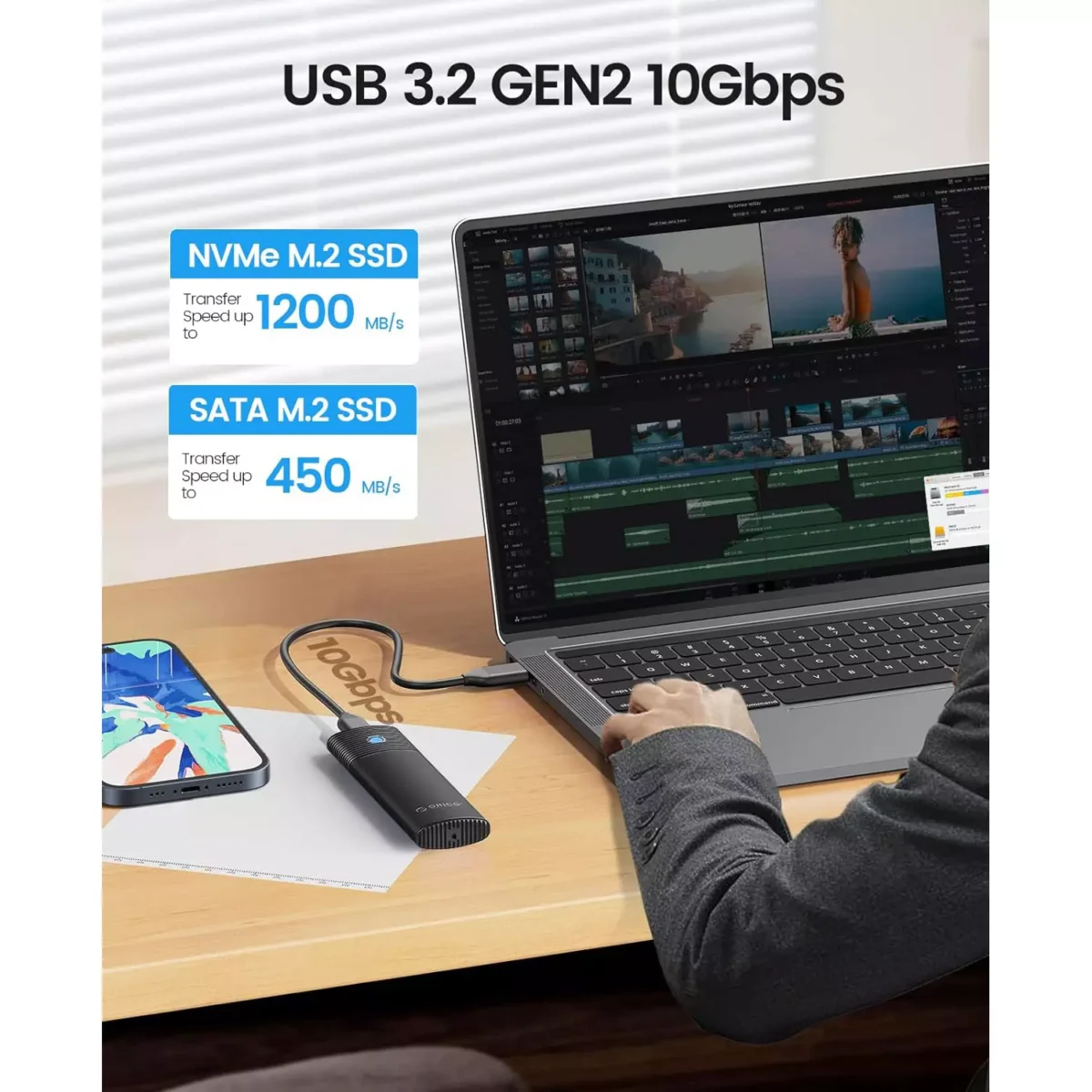 ORICO Aluminum M.2 NVMe SSD Enclosure , Tool-Free 10Gbps USB C Adapter, USB 3.2 M.2 NVMe Reader, External SSD Case Thunderbolt 3 Compatible, Supports 4TB 2230/2242/2260/2280 PCIe M-Key SSDs