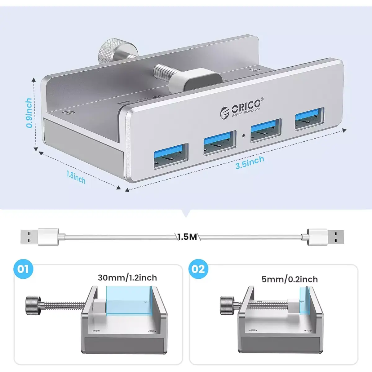 ORICO USB 3.0 Clamp Hub, Aluminum 4-Port USB Hub 3.0 (SILVER)