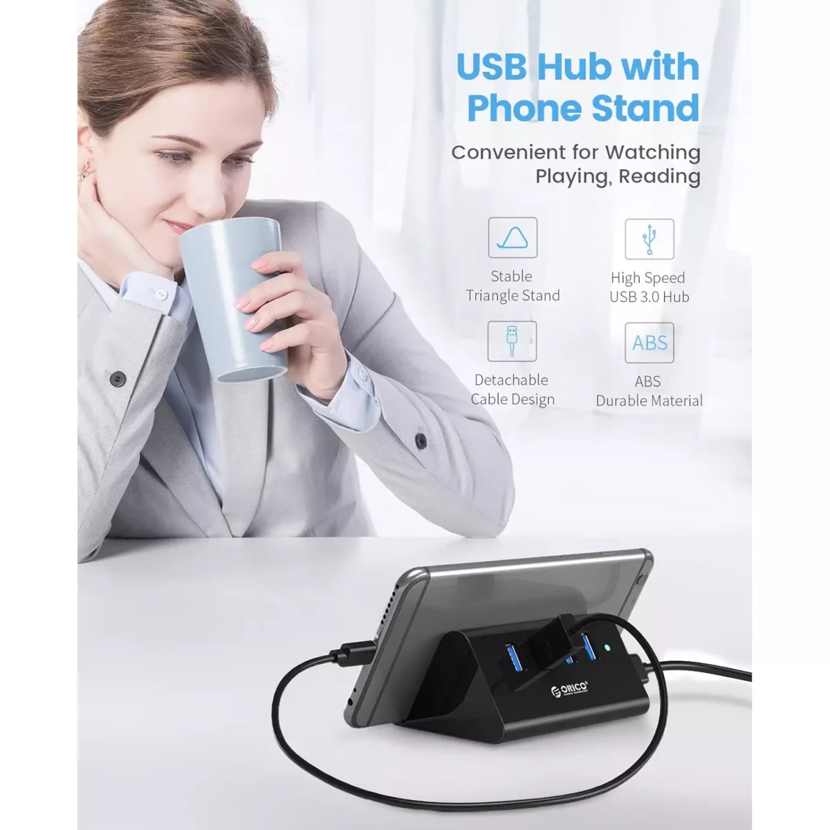 ORICO USB Hub, 4 Port USB 3.0 Portable Data Hub with 1 Meter USB Cable, Phone Stand Function for Laptop, Notebook, PC, MacBook, iMac, Surface Pro, Flash Drives, and Mobile HDD