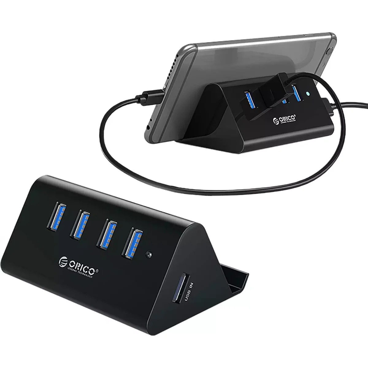 ORICO USB Hub, 4 Port USB 3.0 Portable Data Hub with 1 Meter USB Cable, Phone Stand Function for Laptop, Notebook, PC, MacBook, iMac, Surface Pro, Flash Drives, and Mobile HDD