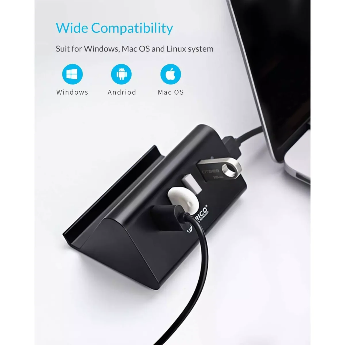 ORICO USB Hub, 4 Port USB 3.0 Portable Data Hub with 1 Meter USB Cable, Phone Stand Function for Laptop, Notebook, PC, MacBook, iMac, Surface Pro, Flash Drives, and Mobile HDD