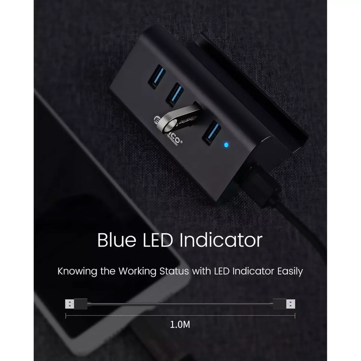 ORICO USB Hub, 4 Port USB 3.0 Portable Data Hub with 1 Meter USB Cable, Phone Stand Function for Laptop, Notebook, PC, MacBook, iMac, Surface Pro, Flash Drives, and Mobile HDD