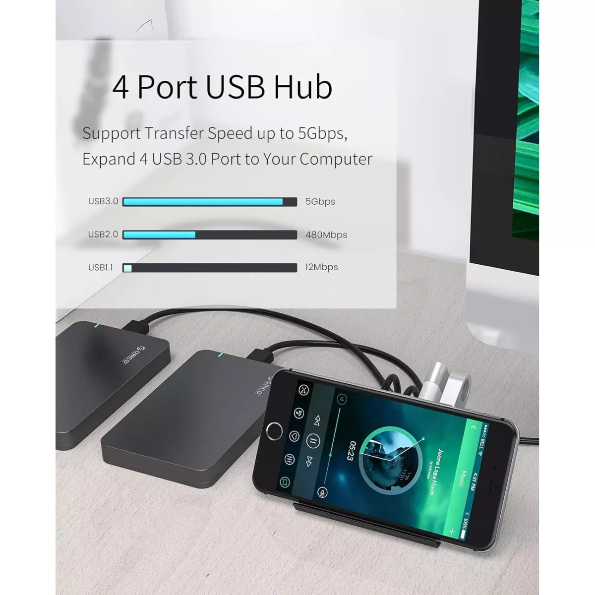 ORICO USB Hub, 4 Port USB 3.0 Portable Data Hub with 1 Meter USB Cable, Phone Stand Function for Laptop, Notebook, PC, MacBook, iMac, Surface Pro, Flash Drives, and Mobile HDD