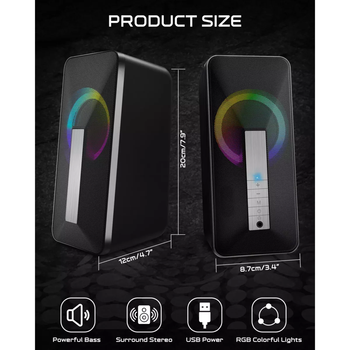 ELEGIANT SR300 RGB Desktop Bluetooth Speakers - 2.0 Channel Stereo - USB Powered + 3.5mm Cable (10W)