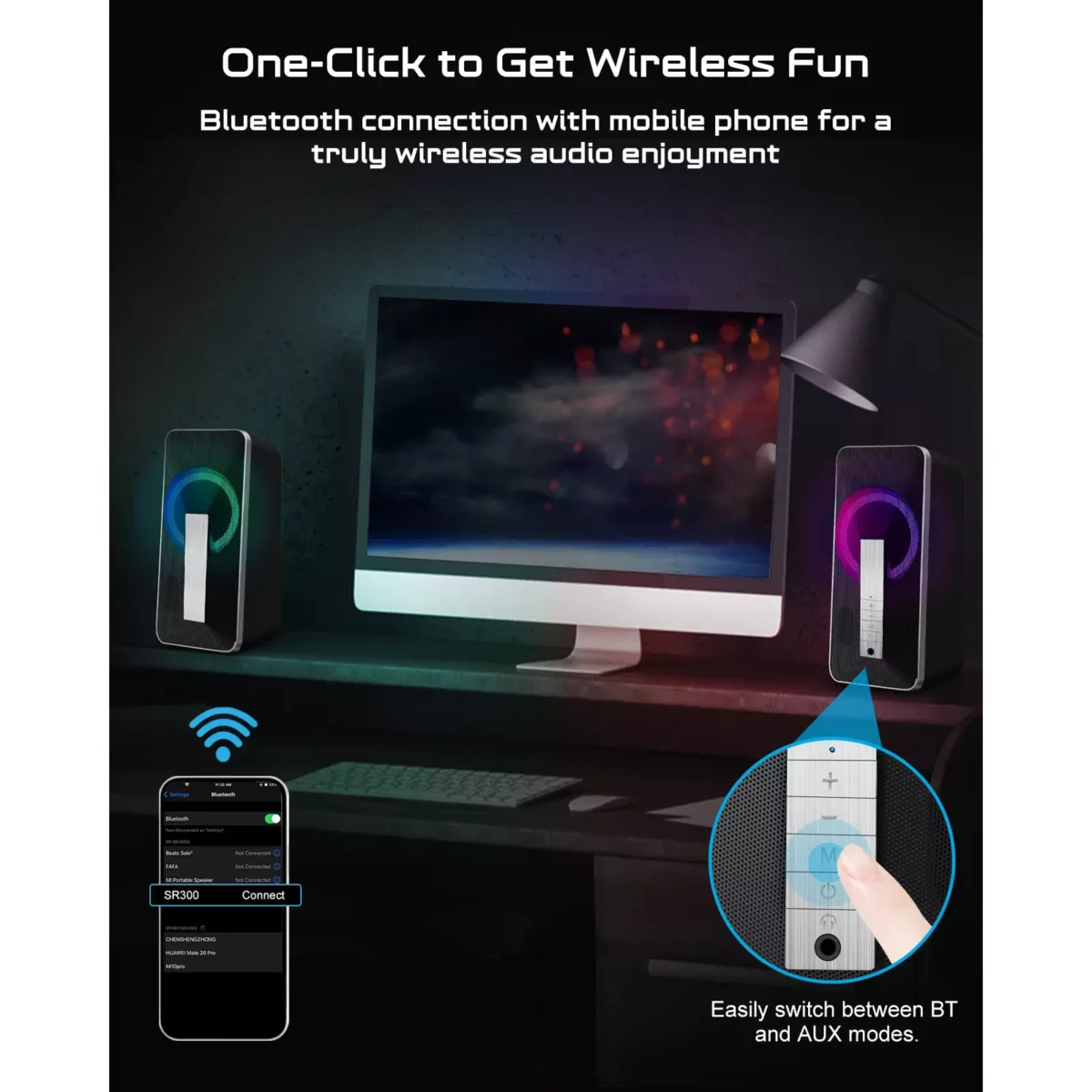 ELEGIANT SR300 RGB Desktop Bluetooth Speakers - 2.0 Channel Stereo - USB Powered + 3.5mm Cable (10W)