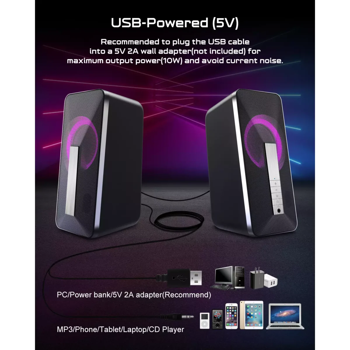 ELEGIANT SR300 RGB Desktop Bluetooth Speakers - 2.0 Channel Stereo - USB Powered + 3.5mm Cable (10W)