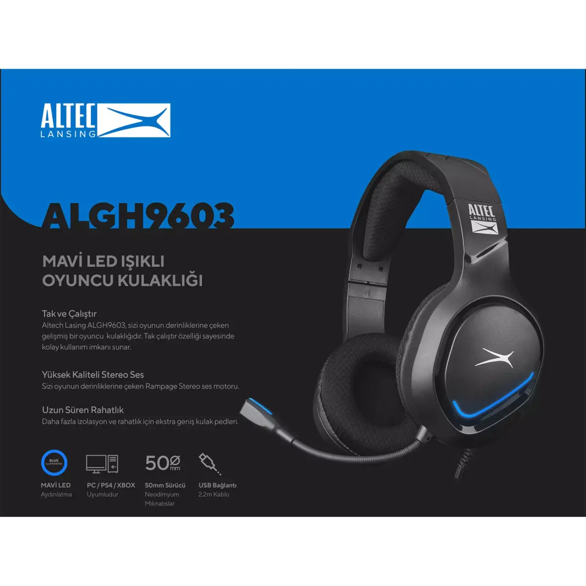 Altec Lansing ALGH9603 Gaming Headset - Mesh Earcups - Blue LED Braided Cable
