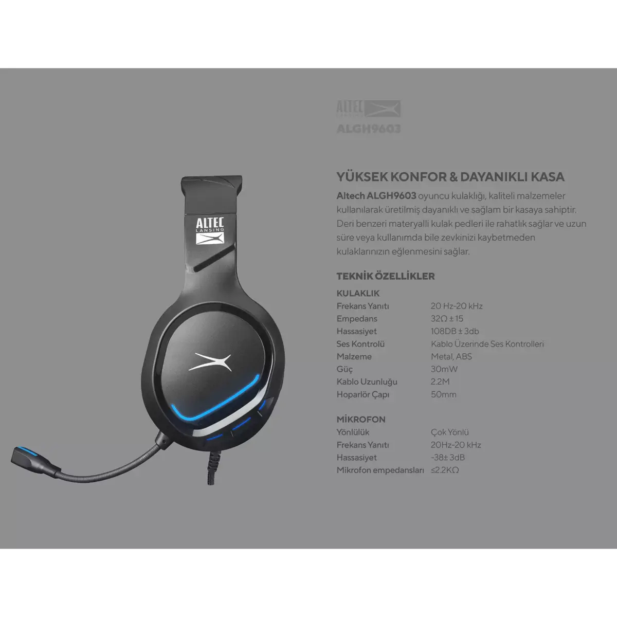 Altec Lansing ALGH9603 Gaming Headset - Mesh Earcups - Blue LED Braided Cable