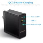 Pisen TS-C093 USB+Type-C QC3.0, 34W Portable Fast Power Combo Travel Charger