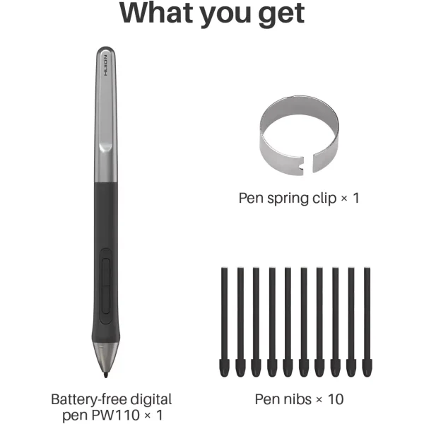 HUION Digital Pen PW110, PenTech 3.0 Battery-Free Stylus for Inspiroy 2 S/M/L Pen Tablet（Black）