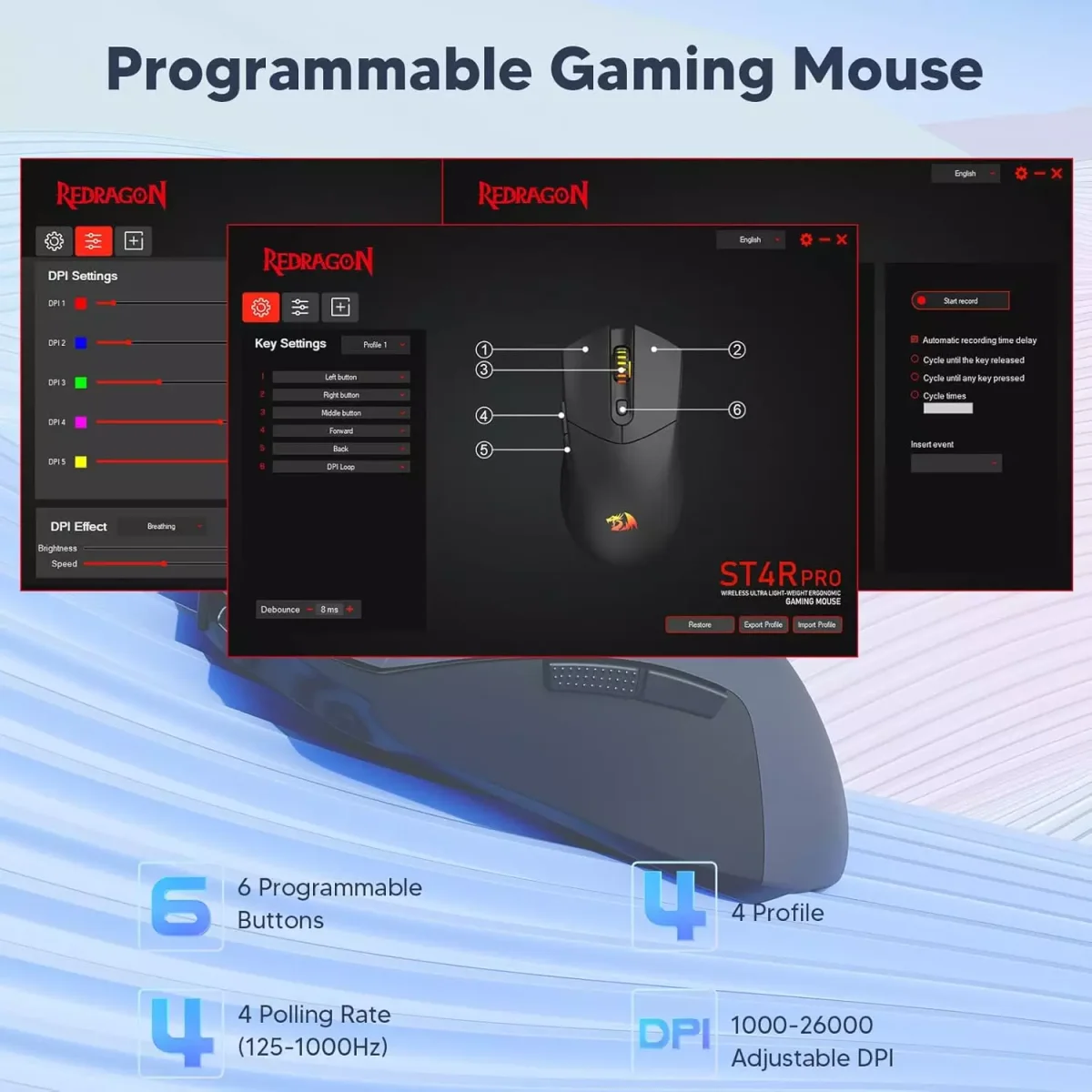 Redragon M917 ST4R PRO Tri-Mode Wireless, Bluetooth Gaming Mouse, Optical Sensor 26K DPI Ultra-Light 60G, Full Programmable Buttons, Software (9)