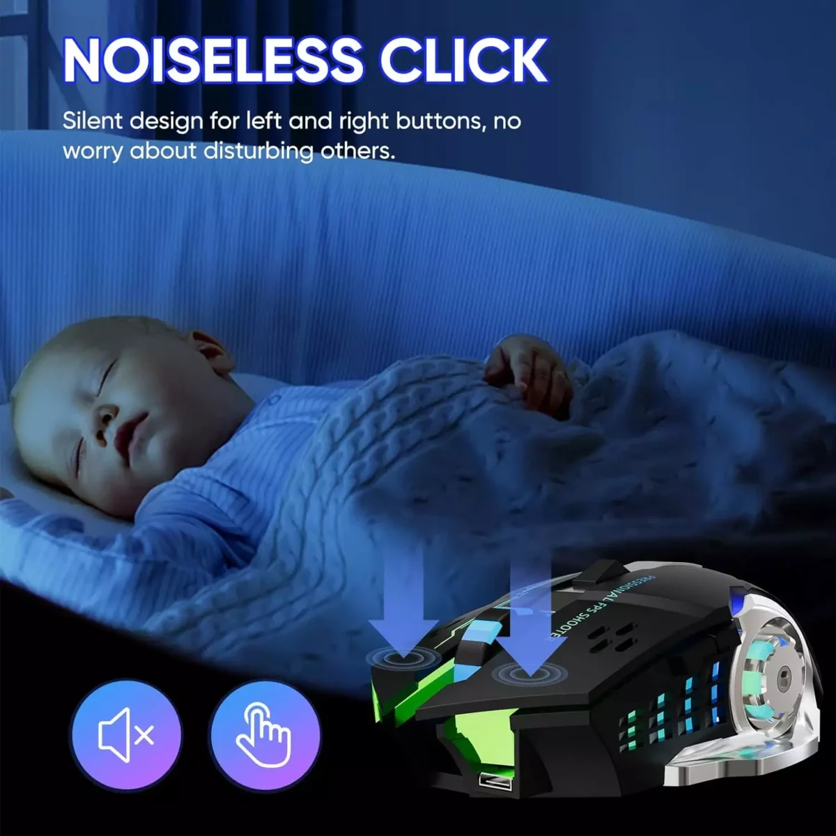 T2 Wireless Gaming Mouse, Silent Clicks, 1600 DPI